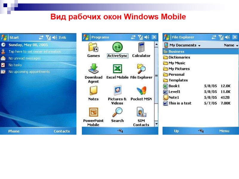 Вид рабочих окон Windows Mobile Вид рабочих окон Windows Mobile